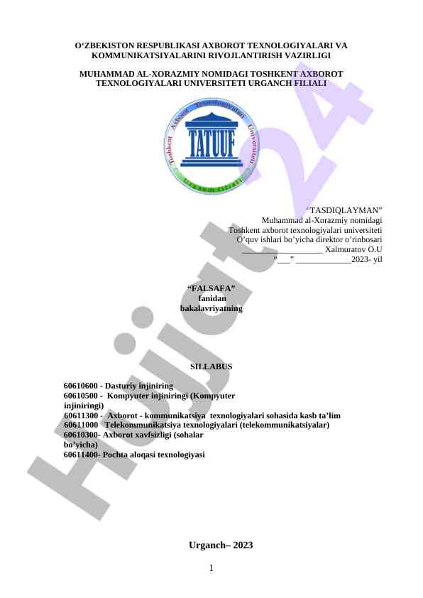 Falsafa fanidan bakalavriyat sillabusi 2023