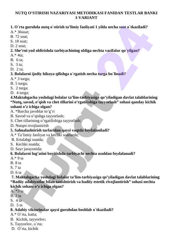 Nutq o’stirish nazariyasi metodikasi testlar