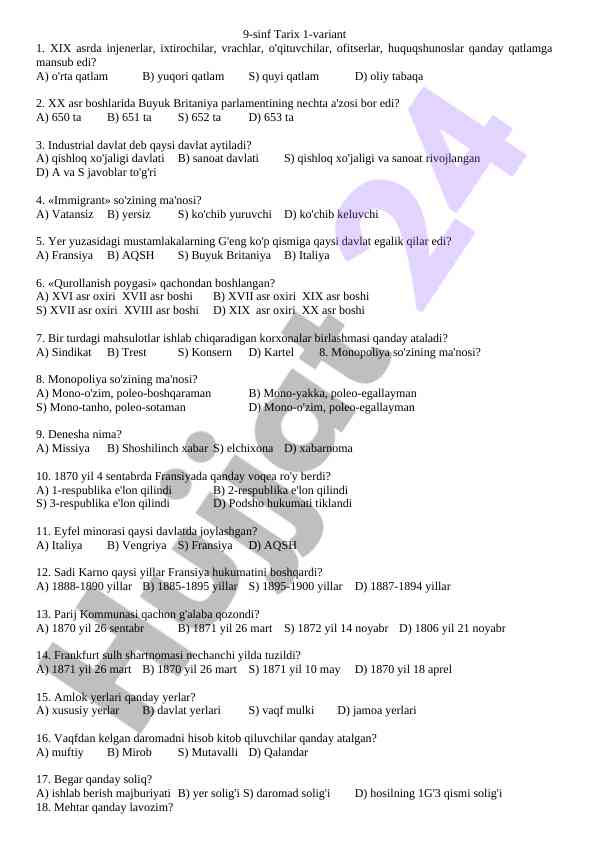 9-sinf tarix test variantlari