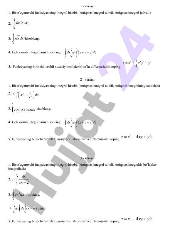 Bir o'zgaruvchi funksiyasining integral hisobi
