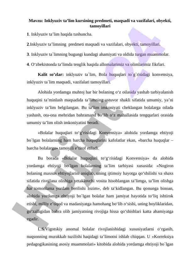 Inklyuziv ta’lim kursining ahamiyati va vazifalari