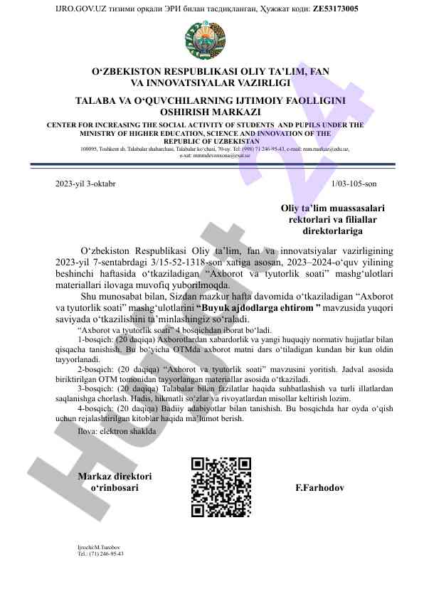 Axborot va tyutorlik soati mashg‘ulotlari