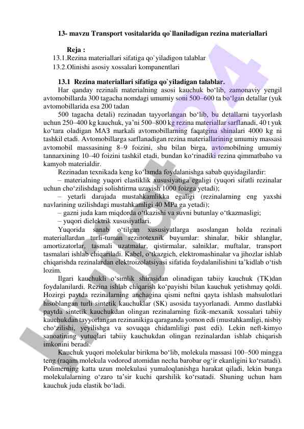 Transport vositalarida qo‘llaniladigan rezina materiallari