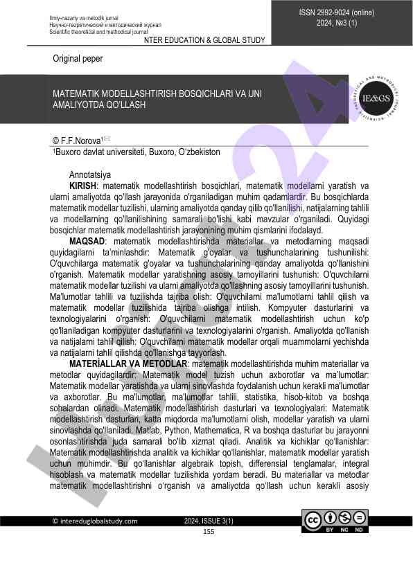 Matematik modellashtirish bosqichlari va uni amaliyotda qo'llash