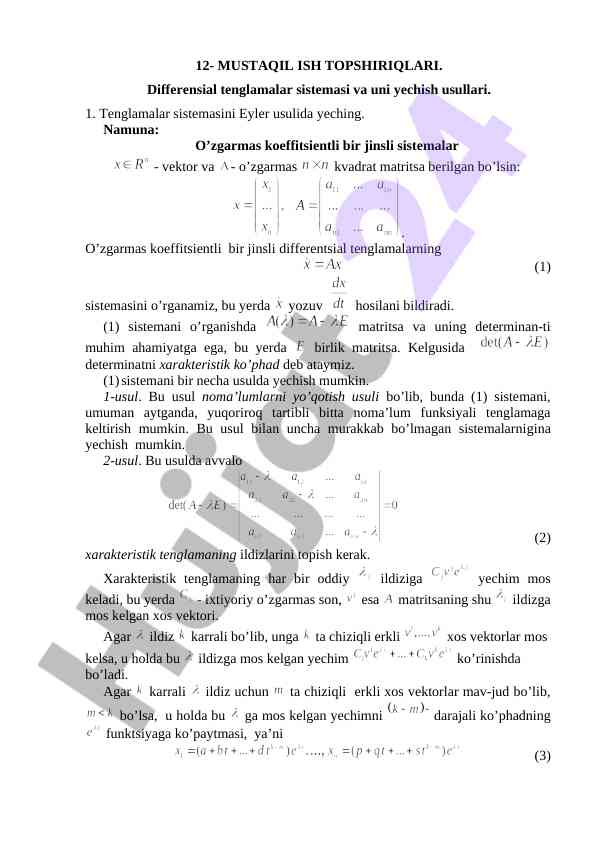 Differensial tenglamalar sistemasi va yechish usullari