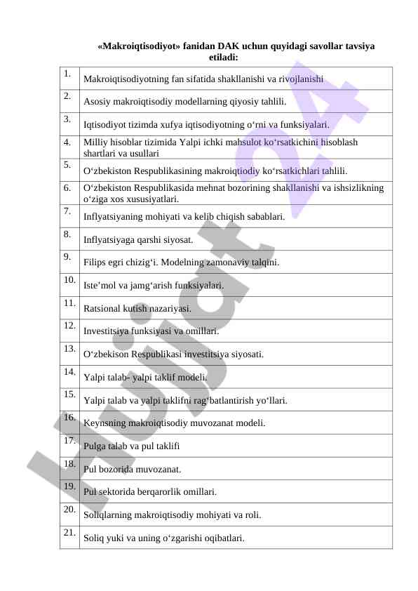 Makroiqtisodiyot fanidan dak savollar