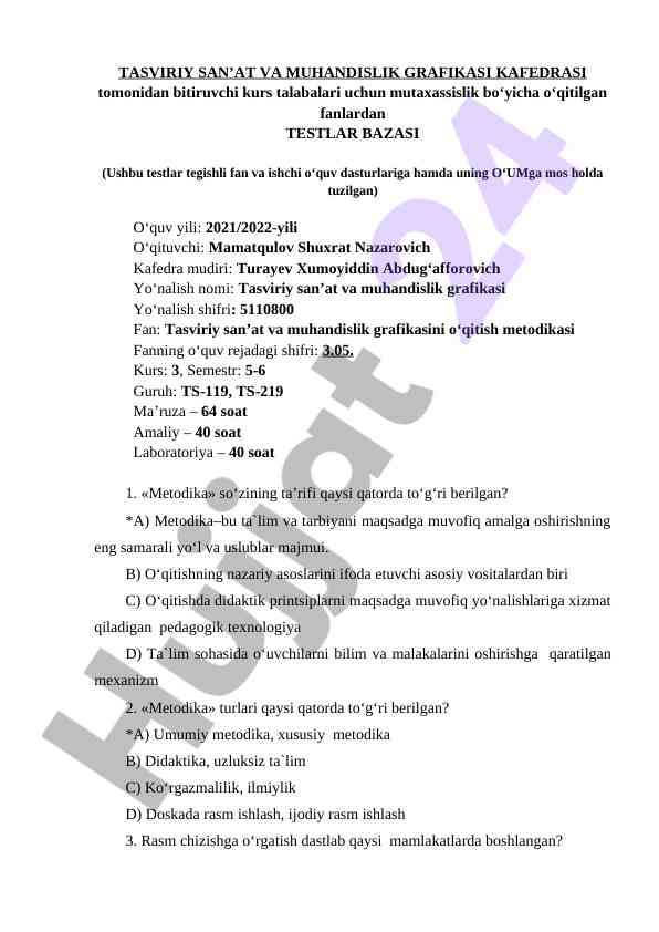 Testlar bazasi tasviriy san’at metodikasi