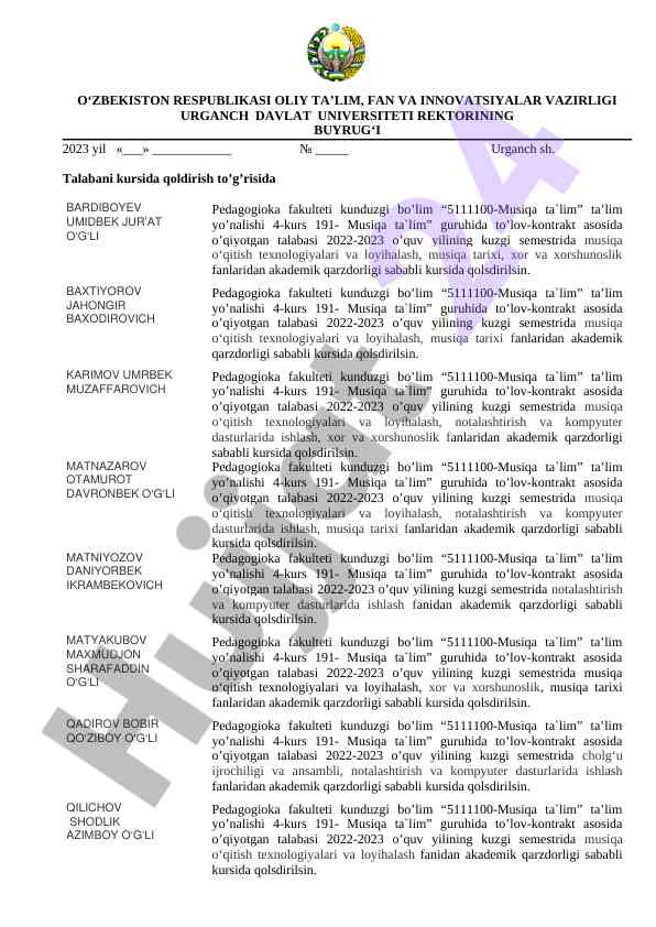 Kursida qoldirish to‘g‘risida buyruq