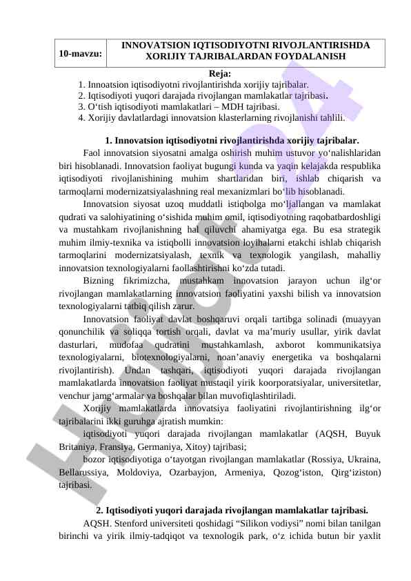 Innovatsion iqtisodiyotni rivojlantirish tajribalari