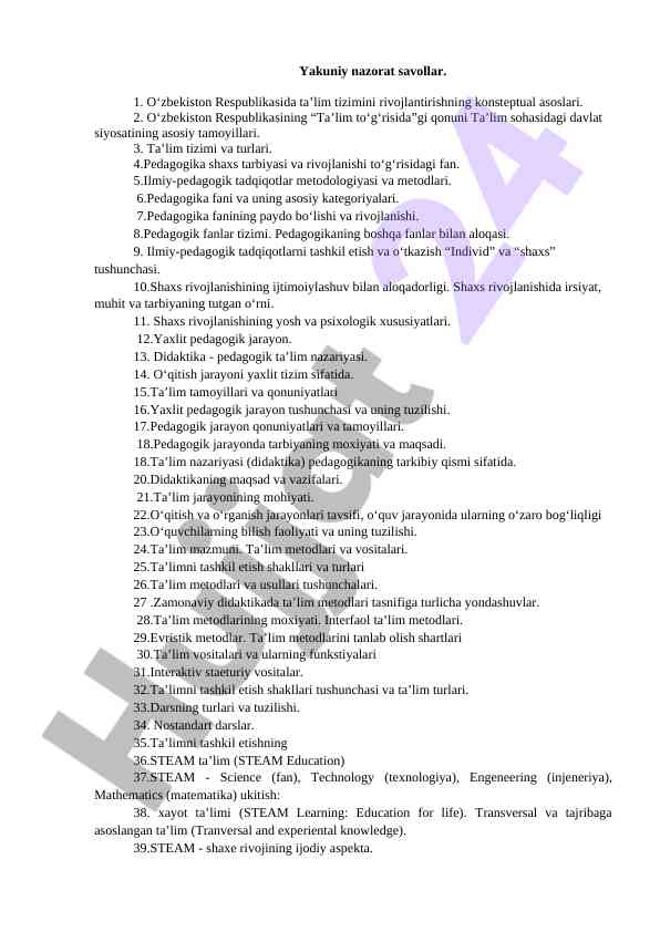 Yakuniy nazorat savollari ta'lim tizimi haqida