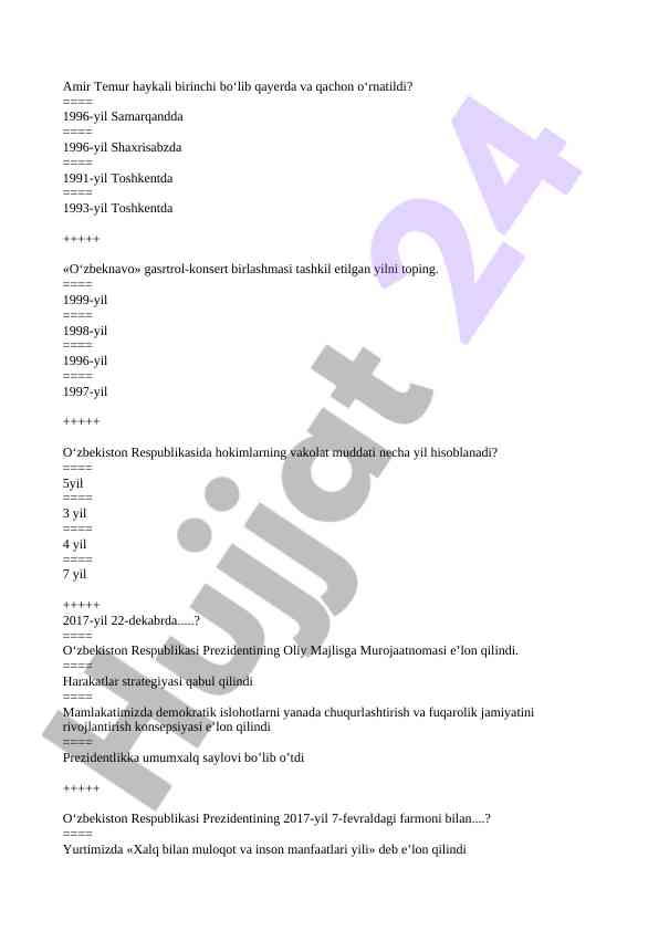 O‘zbekiston respublikasi tarixi bo‘yicha test savollari