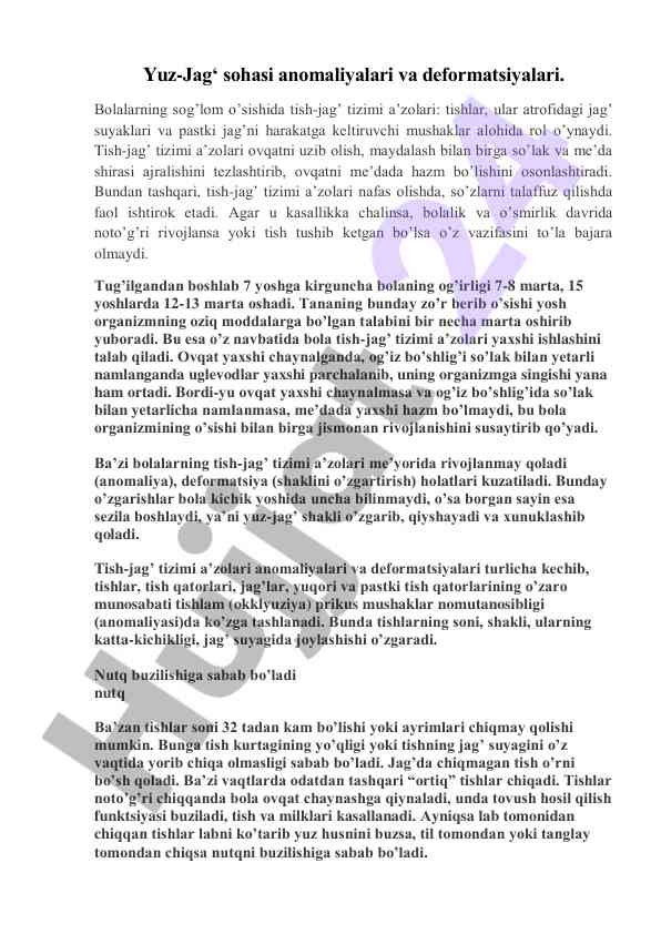 Yuz-jag‘ anomaliyalari va deformatsiyalari tahlili