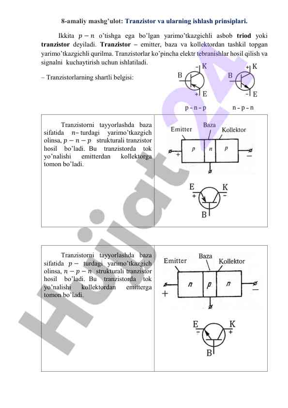 Tranzistor va ularning ishlash prinsiplari