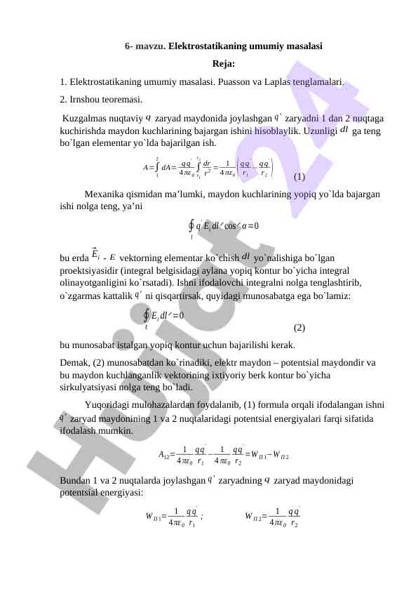 Elektr statikasi umumiy masalasi va teoremalari