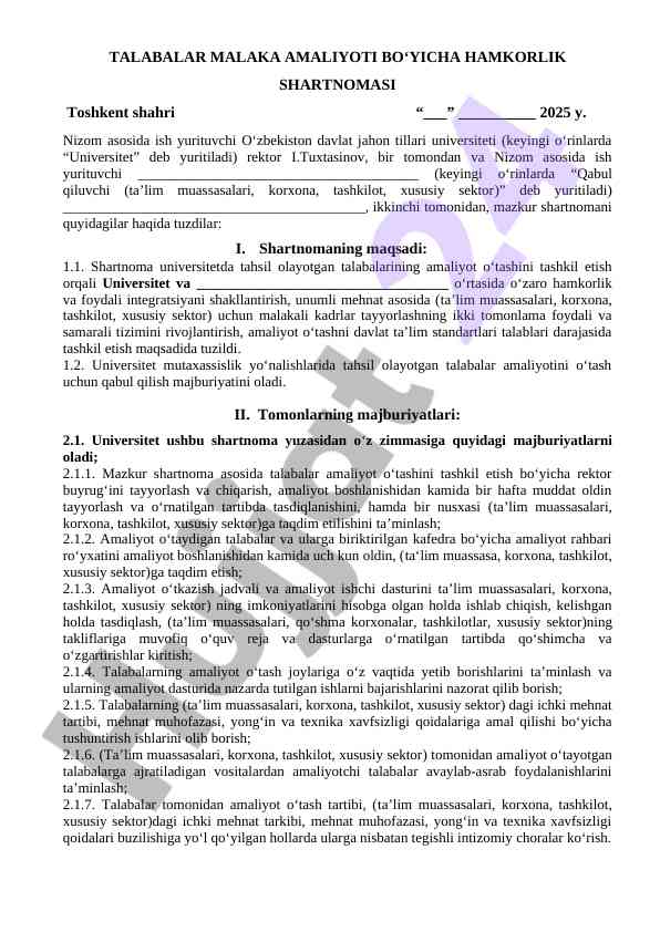 Talabalar malaka amaliyoti bo‘yicha hamkorlik shartnomasi