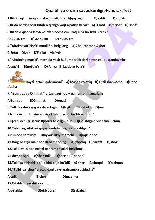 Ona tili va o'qish savodxonligi 4-chorak test