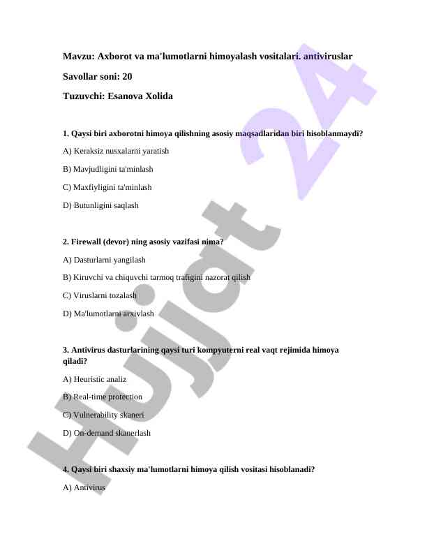Axborot va ma'lumotlarni himoyalash savollari