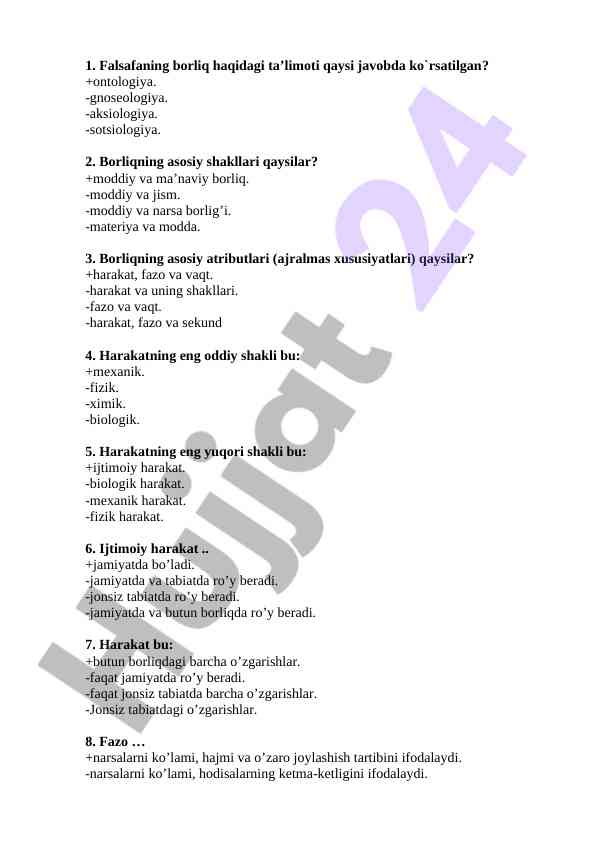 Borliq va harakat haqida test savollari