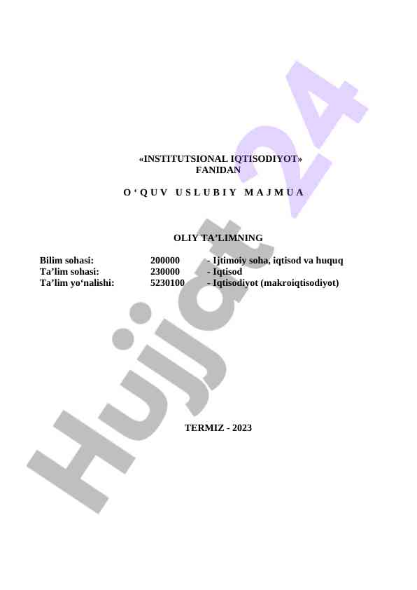 Institutsional iqtisodiyot fanidan o‘quv usuli majmui