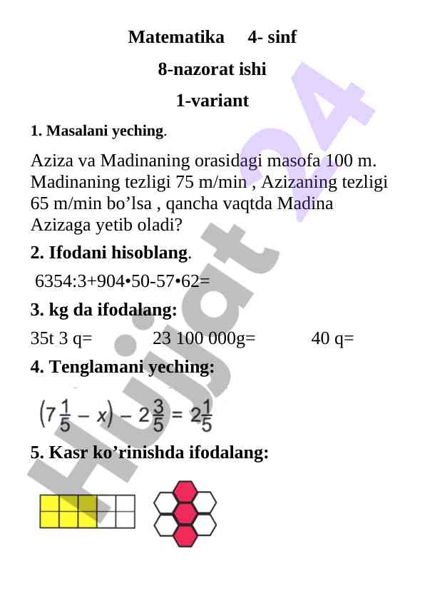 Matematika 4-sinf 8-nazorat ishi 1-variant
