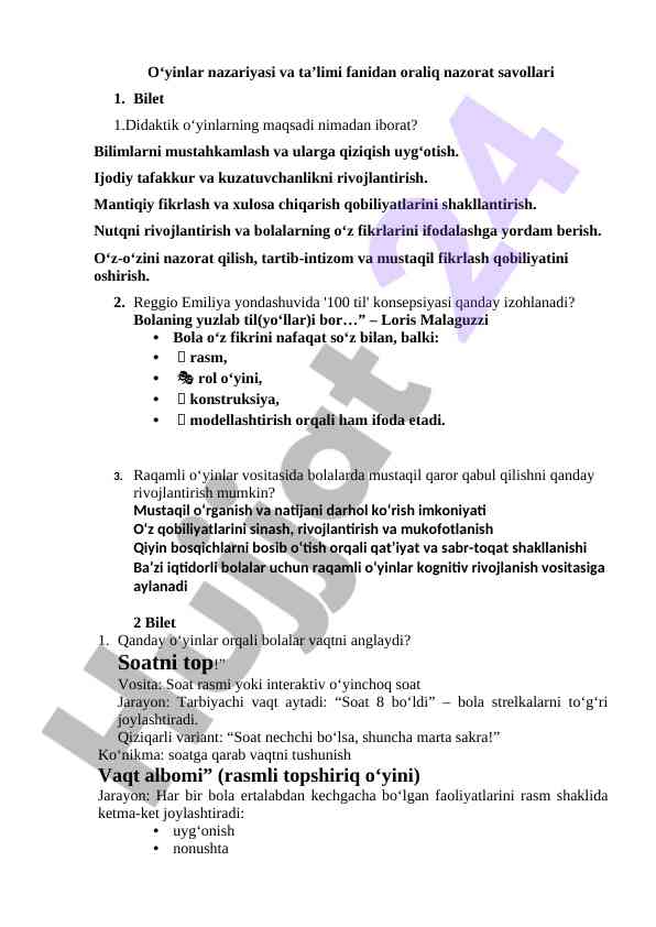 O‘yinlar nazariyasi va ta’limi bilan bog‘liq savollar