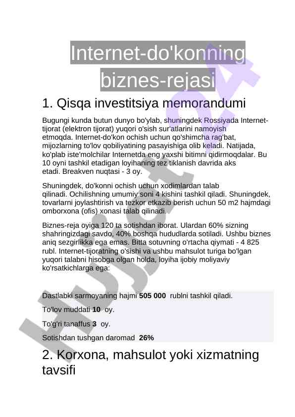 Internet-do'kon biznes-rejasi va investitsiya jarayoni