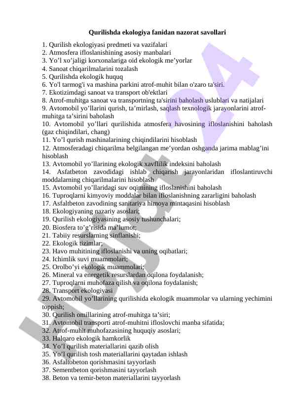 Qurilishda ekologiya va atrof-muhit baholash savollari