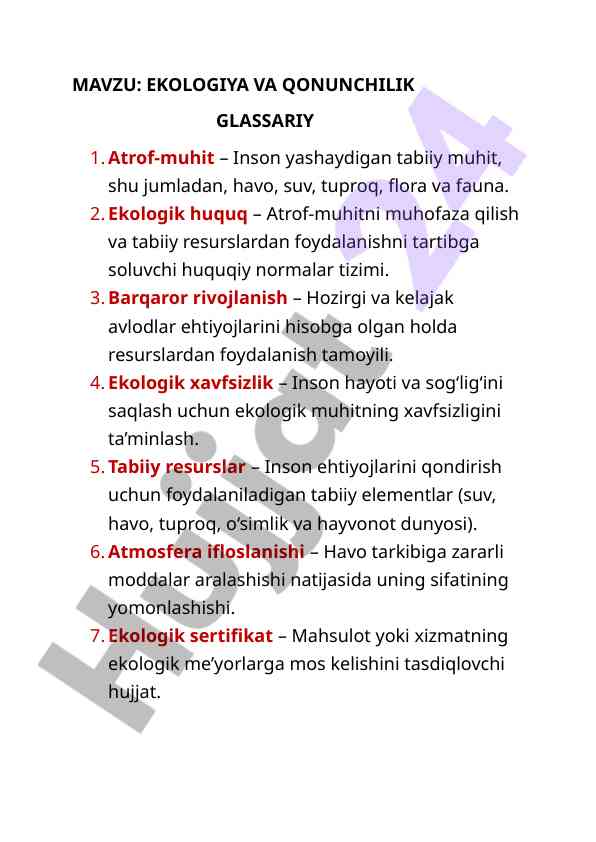 Ekologiya va qonunchilik asoslari