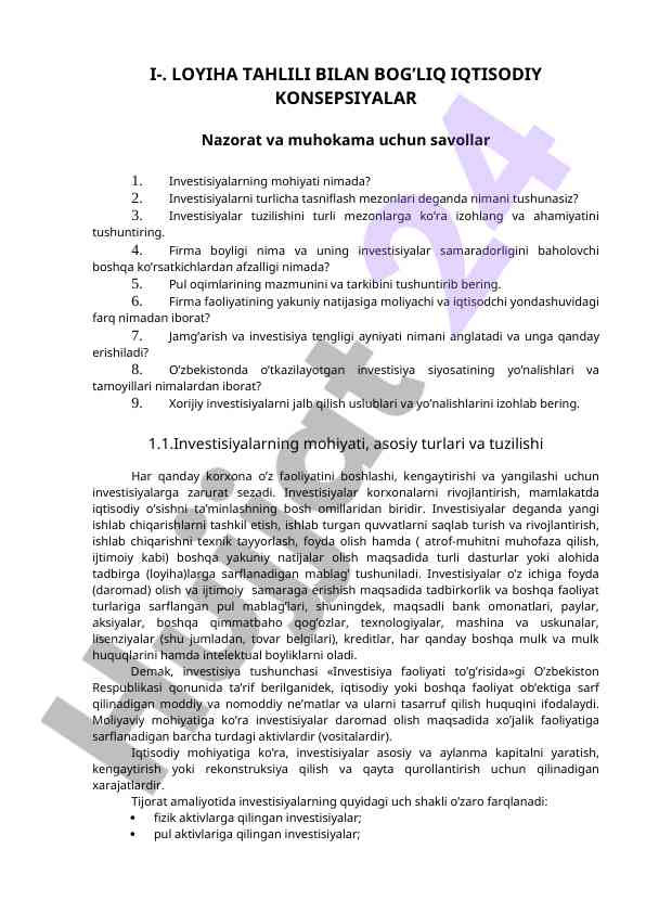 Investisiyalarning mohiyati va turlari