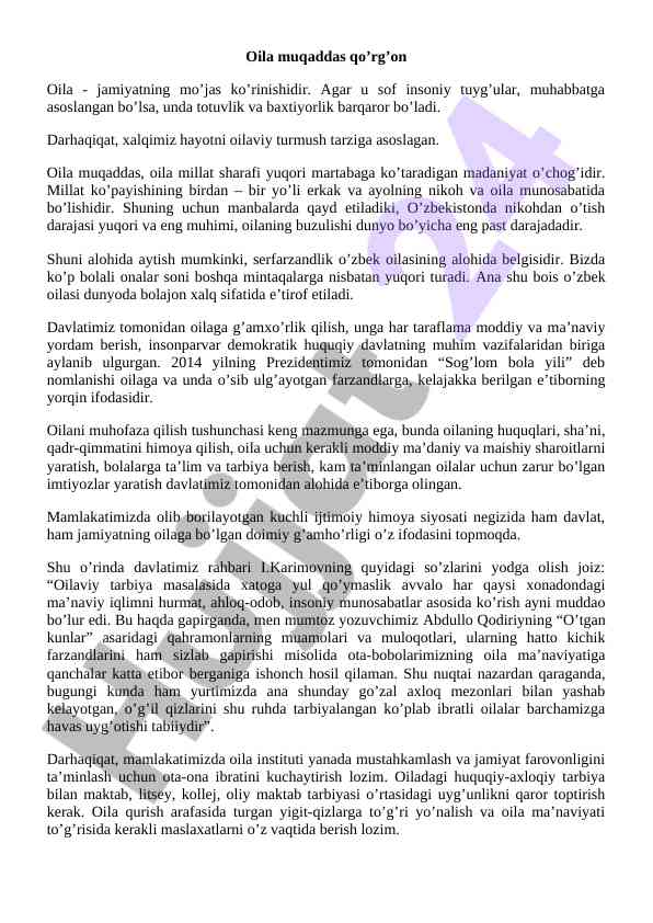 Oila muqaddasligi va kutilgan rivojlanish jarayonlari