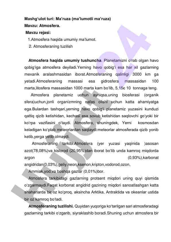 Atmosfera haqida umumiy ma’lumot va tuzilishi