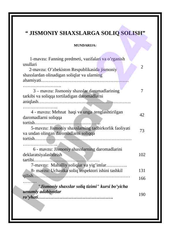 Jismoniy shaxslarni soliqqa tortish fanining o'rganish usullari