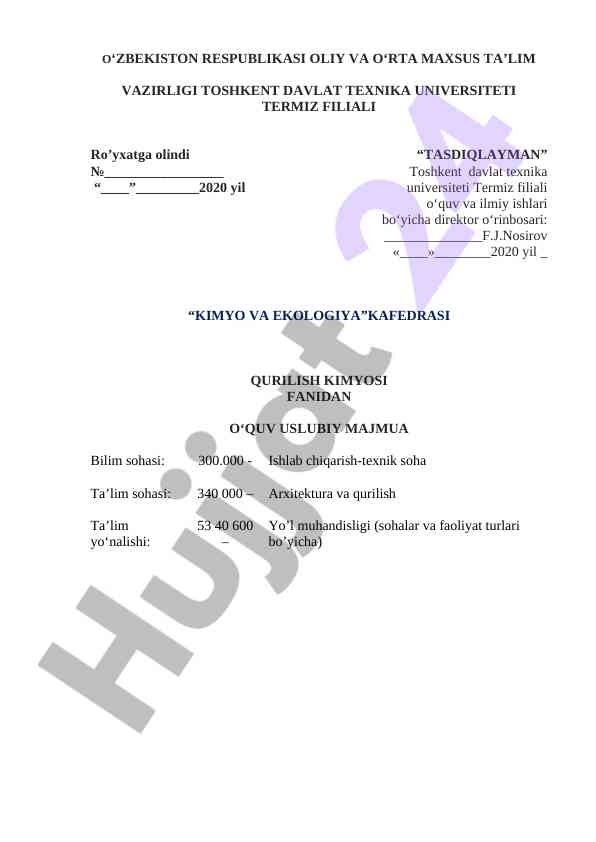 Kimyoviy texnologiyalar fanidan o‘quv uslubiy majmua
