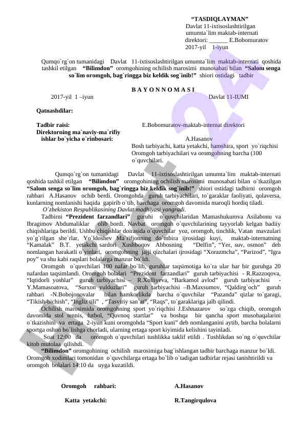 Bilimdon oromgohi ochilish marosimi 2017
