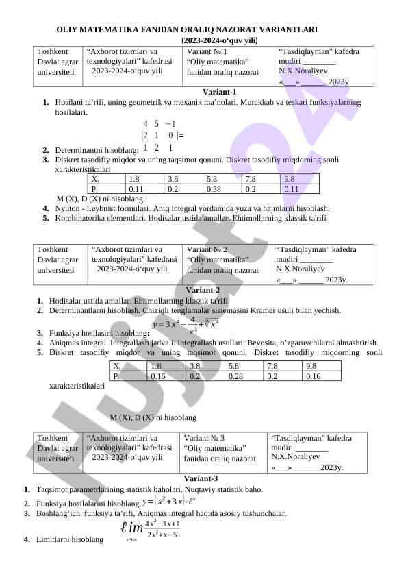Oliy matematika fanidan oral iq nazorat variantlari 2023-2024