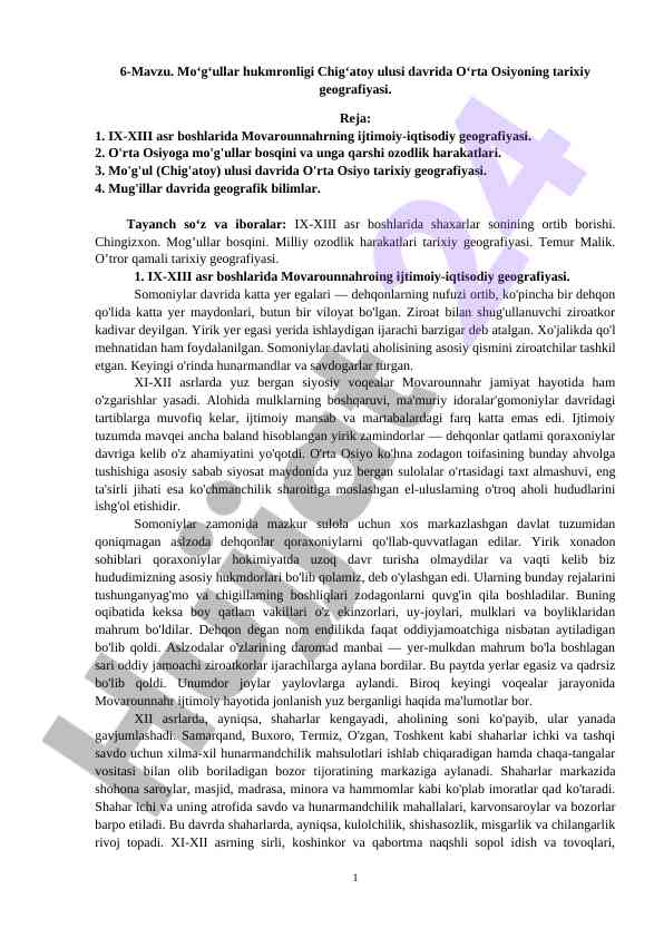 O‘rta osiyoning tarixiy geografiyasi mo‘g‘ullar davrida