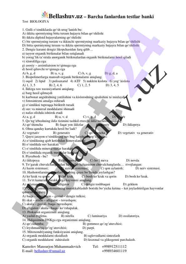 Biologiya mavzulariga oid testlar banki