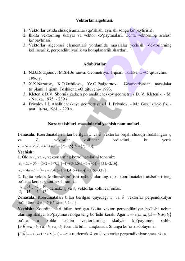 Vektorlar algebrasi ustida qiziqarli masalalar