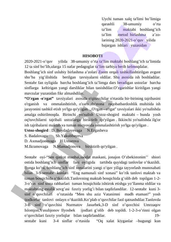 Boshlang'ich ta'limda o'qituvchilar ishlari hisoboti