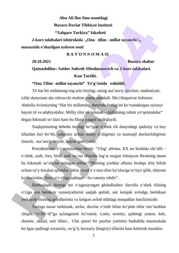 Ona tilim millat tayanchi mavzusida axborot soati