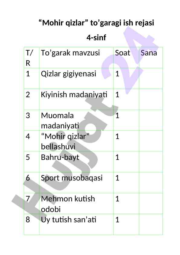 To‘garaklar uchun ish rejasi