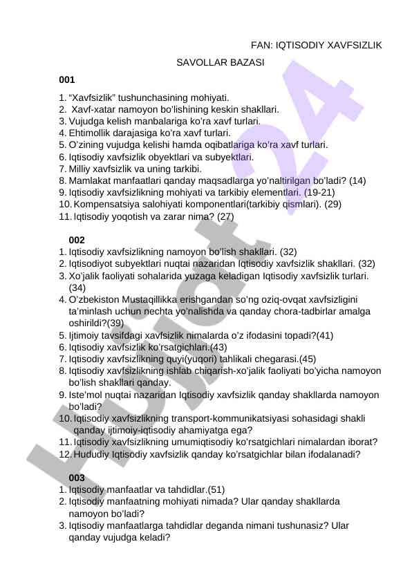 Iqtisodiy xavfsizlik savollar bazasi