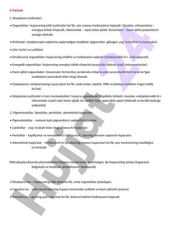 Sitoplazma tuzilmalari va organellalar tahlili