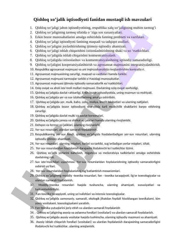 Qishloq xo’jalik iqtisodiyoti fanidan mustaqil ishlar
