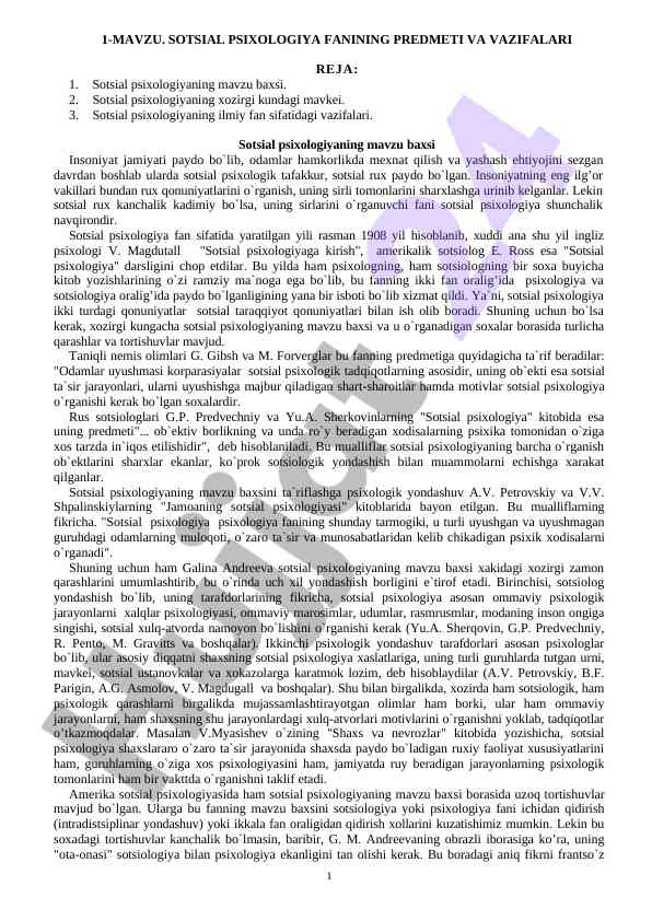 Sotsial psixologiya fanining predmeti va vazifalari