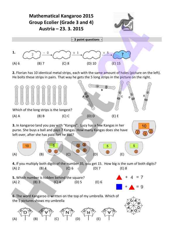 Mathematical kangaroo group ecolier questions 2015