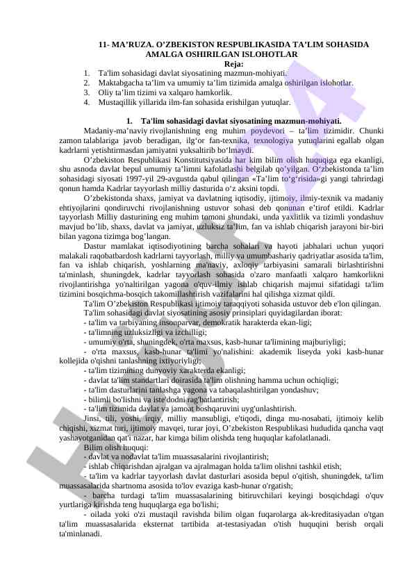 O‘zbekiston respublikasida ta’lim sojasida islohotlar