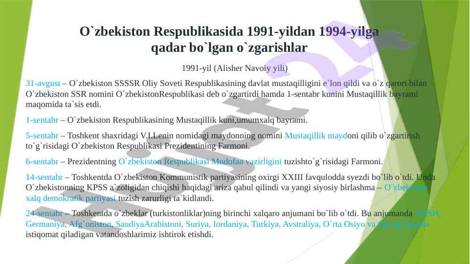 O‘zbekiston mustaqillik tarixi va muhim o‘zgarishlari