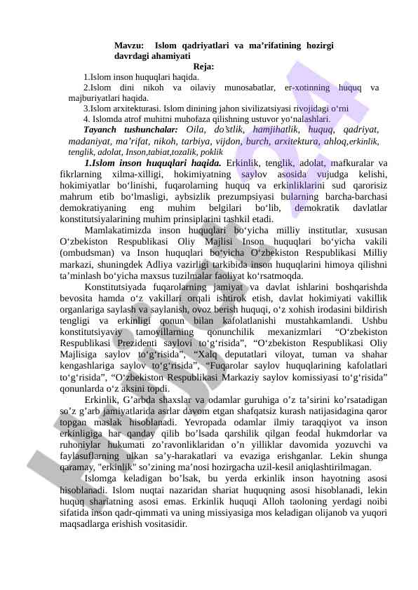 Islom qadriyatlari va ma’rifatining hozirgi ahamiyati