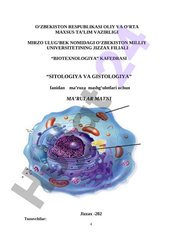 Sitologiya va gistologiya fanidan ma'ruzalar matni